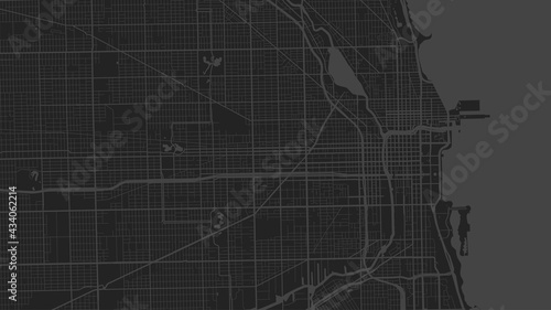 Black grey Chicago city area vector background map, streets and water cartography illustration.