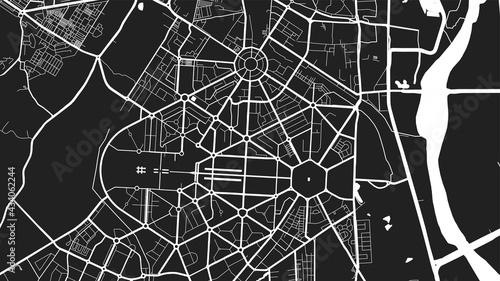 Black and white Delhi city area vector background map, streets and water cartography illustration.