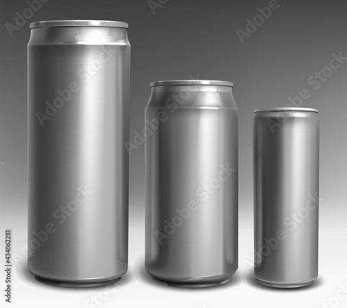Sliver aluminium cans different sizes for soda, beer, energy drink, cola, juice or lemonade isolated on gray background. Vector realistic mockup, template of metal tin can for cold beverage front view