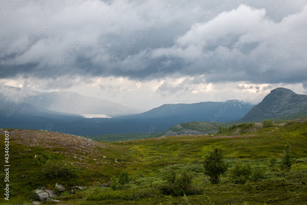 Kungsleden trail from Saltoluokta to Kvikkjokk in summer (between Aktse and Parte), continuous rain, Swedish Lapland