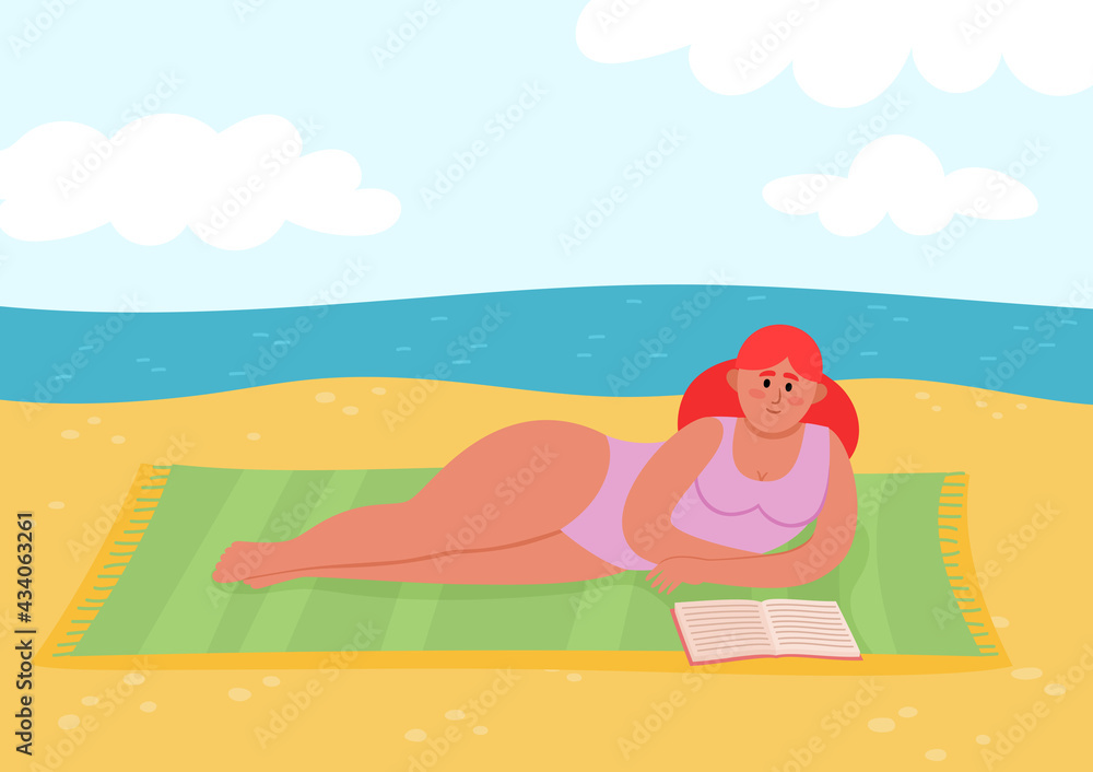 Vector illustration of summer leisure with woman on beach