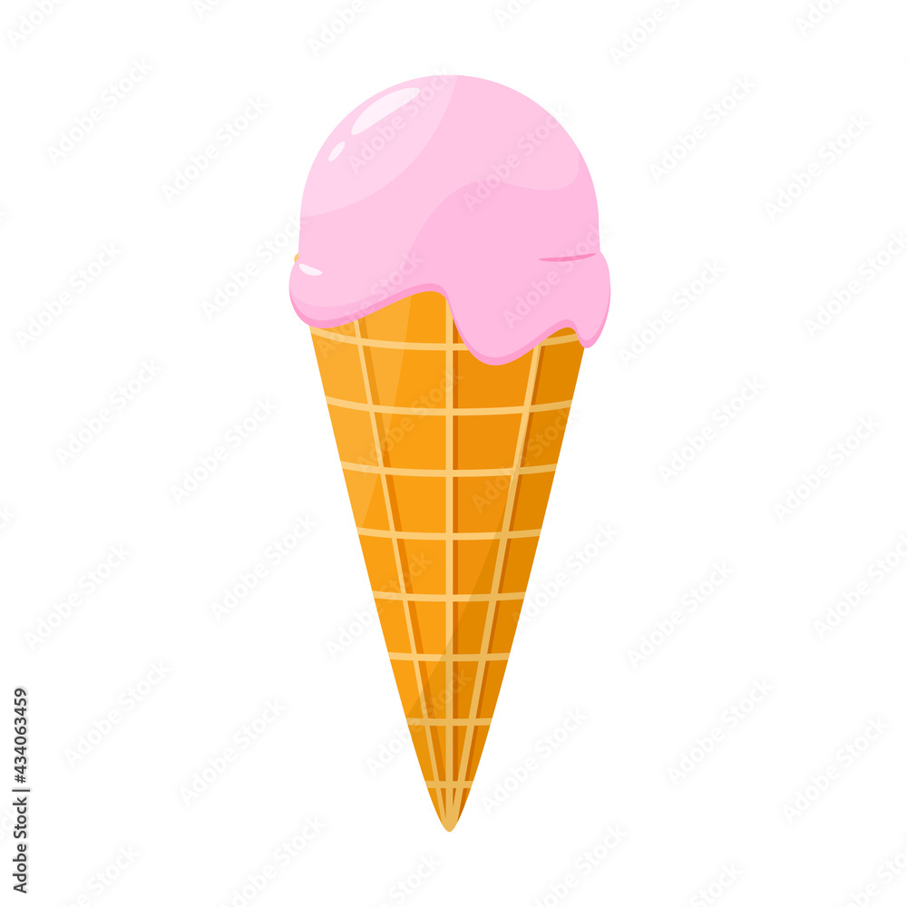 Pink ice cream in a waffle cup on a white background. Pink ice cream in a waffle cup on a white background.