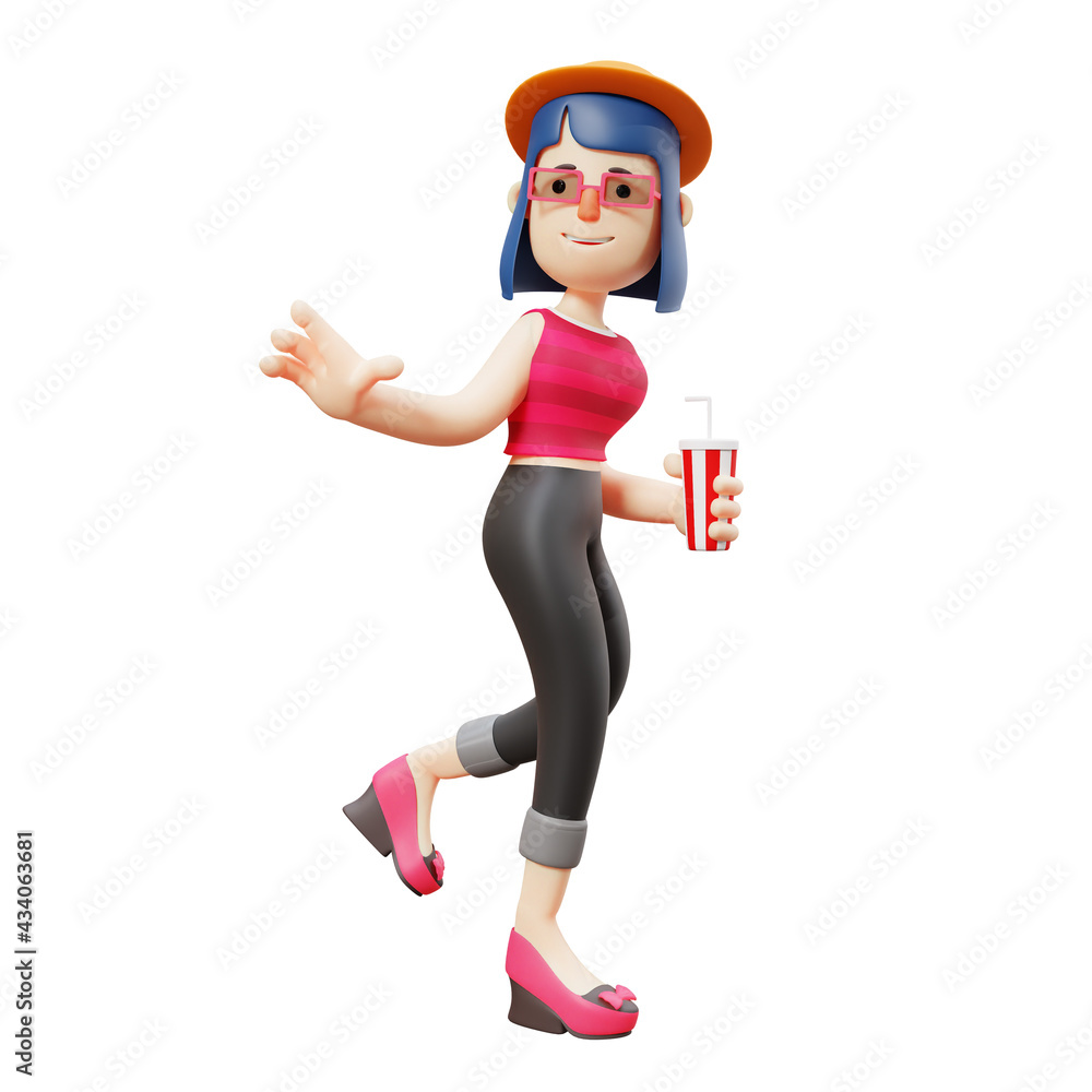 Cartoon Cute Lady 3D Character having a glass of soft drinks on hand