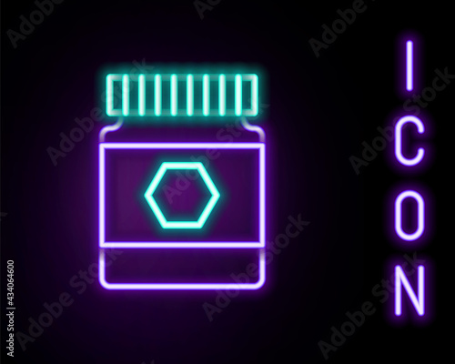 Glowing neon line Jar of honey icon isolated on black background. Food bank. Sweet natural food symbol. Colorful outline concept. Vector