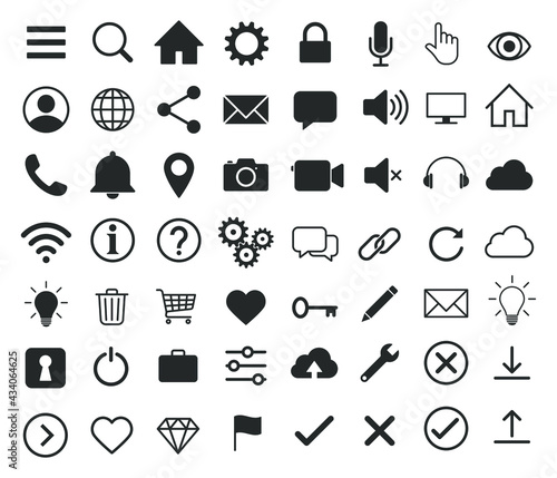 Web application interface icon collection. Internet page and website vector symbol set. Search, home, settings, account, lock and info button sign. Cogwheel, magnify, wi-fi and user profile logo.