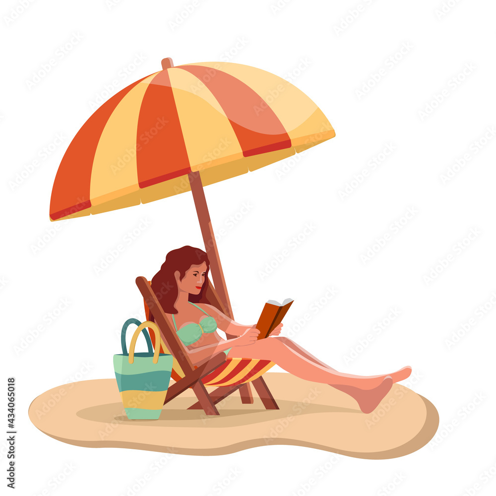 Woman reading a book in a chair on the beach. The girl is resting on the beach. Vector illustration in flat style.