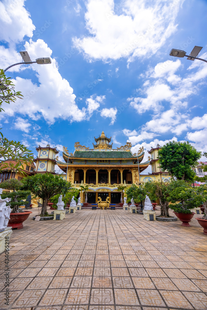 beautiful view of ancient Phuoc Hue pagoda on summer's day in Bao Loc, Vietnam, peaceful small town located on the plateau Di Linh, Lam Dong province.