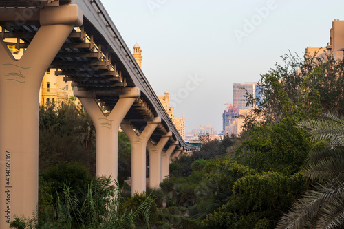 Dubai, UAE - 05.15.2021 -Al Ittihad park in Palm Jumeirah. Monorail station. Urban photo