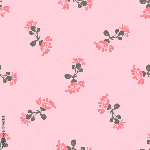 Drawing bloom pink flowers roses. Cute meadow floral seamless pattern. Nature abstract background vector wallpaper. Line art botanical illustration for graphic design print. Trendy pastel colors paint © cosveta