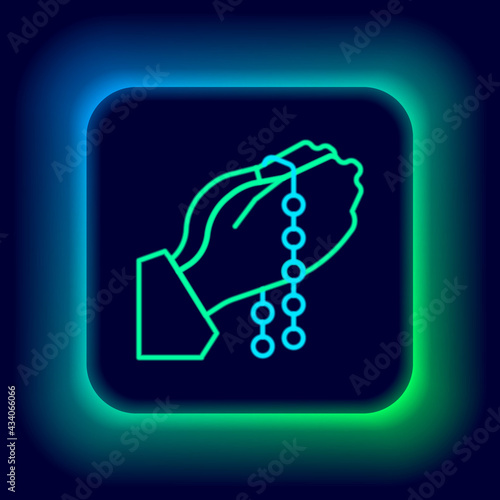 Glowing neon line Hands in praying position with rosary icon isolated on black background. Praying hand islam muslim religion spirituality religious. Colorful outline concept. Vector