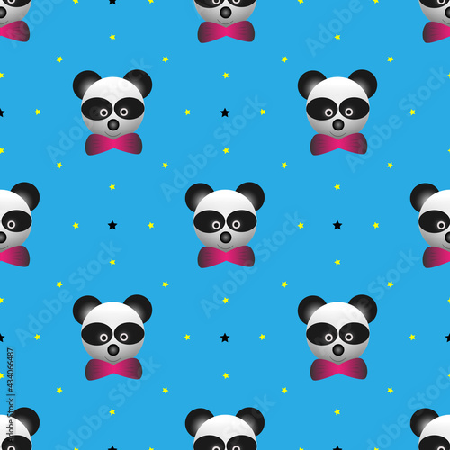 vector illustration of panda bear animal design wearing tie and small star spots. blue background. Seamless pattern designs for wallpapers, backdrops, covers, paper cut, stickers and prints on fabric