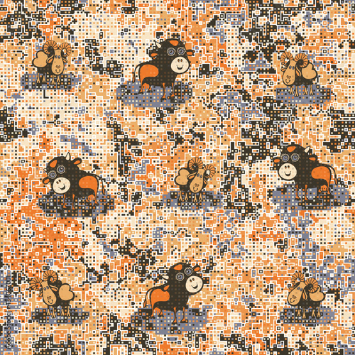 Seamless pattern. Lambs and calves on a pixel background. Gray, orange, yellow, beige, white.