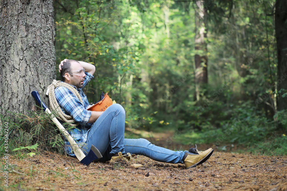 Male lumberjack in the forest. A professional woodcutter inspects trees for felling. Male lumberjack in the forest. A professional woodcutter inspects trees for felling.