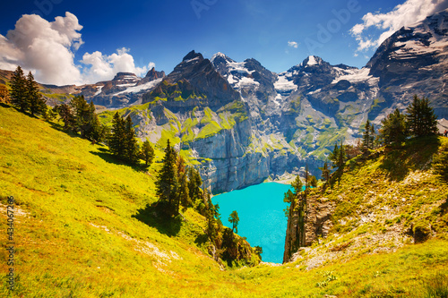 Fototapeta Naklejka Na Ścianę i Meble -  Excellent spring view of the lake Oeschinensee in sunny day. Location place Swiss alps, Kandersteg district, Europe.