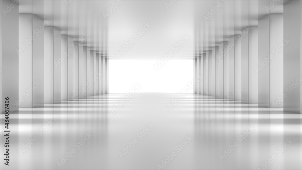Obraz premium White empty light Hall Zoom in. Perspective view of White empty Modern Architecture room. Abstract white tunnel Background. 3D Render.