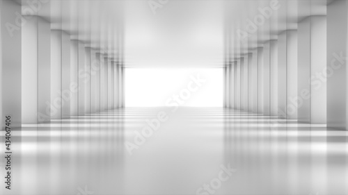 Fototapeta Naklejka Na Ścianę i Meble -  White empty light Hall Zoom in. Perspective view of White empty Modern Architecture room. Abstract  white tunnel Background. 3D Render.