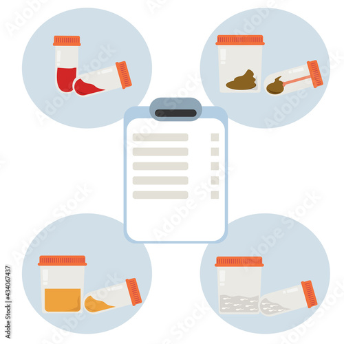 Laboratory analyzes of blood, urine, feces and semen, biological material in test tubes and containers
