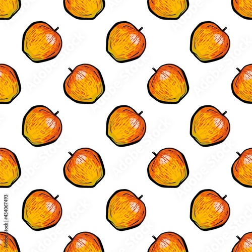 Seamless pattern. Orange apples on a white background. A rare polka dot pattern. Apples is a realistic sketch.