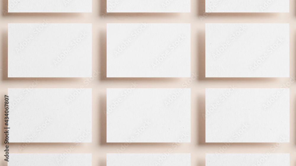 Multiple horizontal business card mockup on a neutral background for branding presentation, corporate identity, advertising, stationery, graphic design template. Modern mock up in 3D rendering