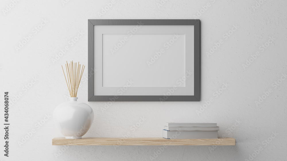 Poster mockup, silver/gray wooden frame. 3D rendering