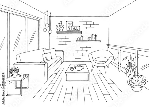 Balcony graphic black white interior sketch illustration vector 