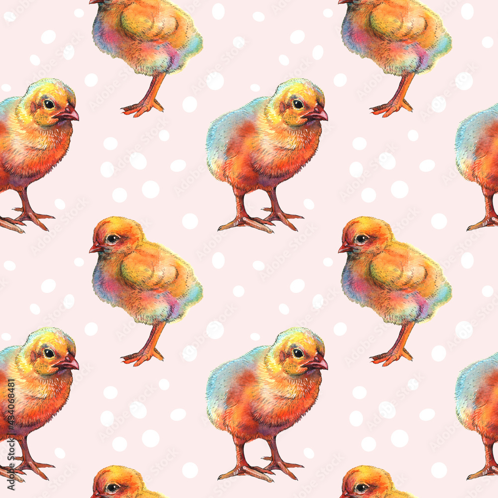 seamless pattern with watercolor painted chickens