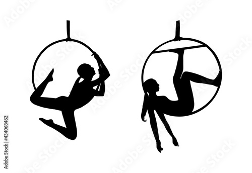 Circus woman silhouettes for logos. Woman acrobat in the aerial hoop. Vector illustration isolated in white background