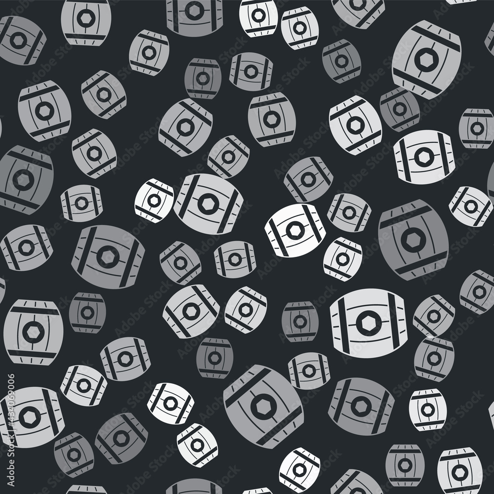 Grey Wooden barrel with honey icon isolated seamless pattern on black background. Vector Grey Wooden barrel with honey icon isolated seamless pattern on black background. Vector