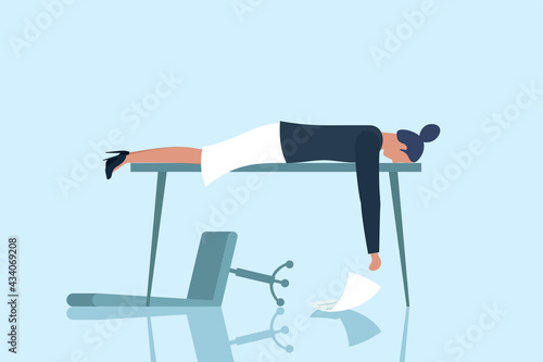 Professional burnout syndrome. Exhausted sick tired female manager sad boring lies with head down on table. Frustrated worker mental health problems. Vector long work stress day illustration