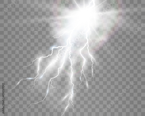 Vector image of realistic lightning. Flash of thunder on a transparent background.	
