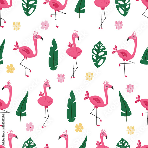 Flamingo in tropics - seamless pattern. Kids textile design. Pink jungle birds.