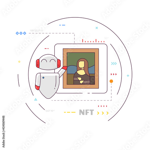 Smiling robot presenting digital art. Famous pictures NFT. Technology and art. Classic paintings and blockchain. Modern thin line style vector.