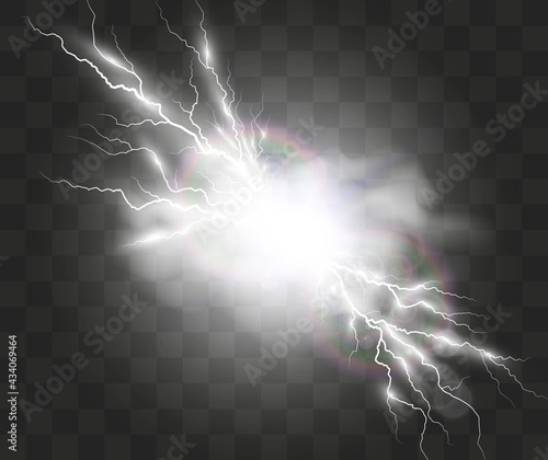 Vector image of realistic lightning. Flash of thunder on a transparent background.	
