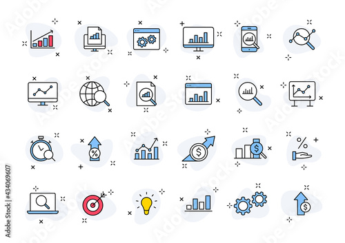 Set of 24 Data Analysis web icons in line style. Graphs, Analysis, Big Data, growth, chart, research. Vector illustration.