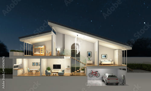 Modern home cross section, night scene, 3d rendering