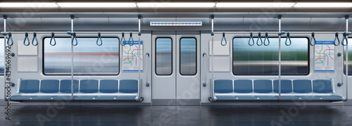 Subway car empty interior, metro cross section, 3d rendering photo