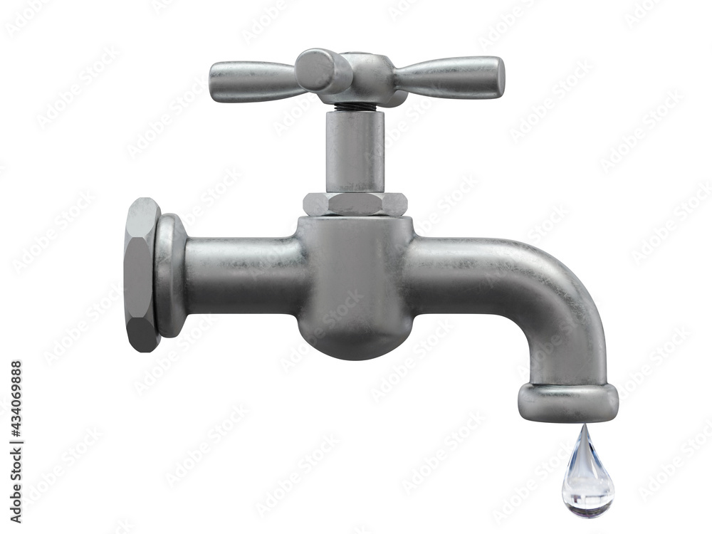 Water tap with drop of water, isolated on white. 3D rendering Water tap with drop of water, isolated on white. 3D rendering