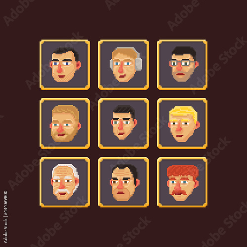 Pixel art vector illustration set of various pixelated cartoon old and young man faces isolated square avatars