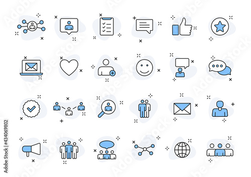 Set of 24 Refer a friend icons in line style. Referral program, marketing, invite friends. Vector illustration.