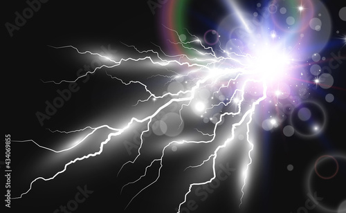 Vector image of realistic lightning. Flash of thunder on a transparent background.	
