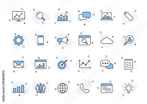 Fotobehang Set of 24 SEO and Development web icons in line style