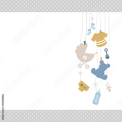 Rechts Hängende Babysymbole Junge Retroblau Senfgelb Kanten Punkte Grau
