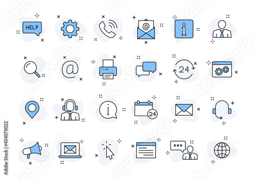 Set of 24 Support and Help web icons in line style. Assistance, email, customer, 24 hrs, service, contact. Vector illustration.