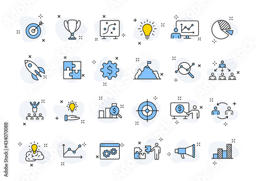 Set of 24 Business strategy web icons in line style. Startup, investment, financial, development, marketing, idea. Vector illustration.
