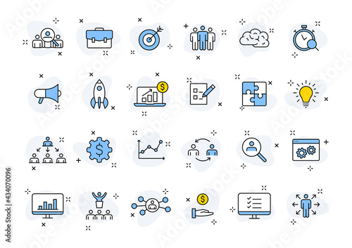 Set of 24 Management web icons in line style. Media, teamwork, business, planning, strategy, marketing. Vector illustration.