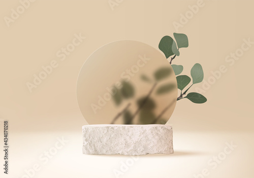 3d background products display stone podium scene with palm leaf geometric platform. background vector 3d render with podium. stand to show cosmetic product. Stage showcase on pedestal beige display