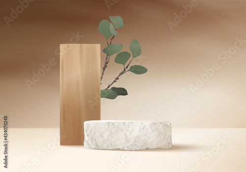 Fototapeta Naklejka Na Ścianę i Meble -  3d background products display stone podium scene with palm leaf geometric platform. wood background vector 3d render with podium. stand show cosmetic product. Stage showcase on pedestal beige display