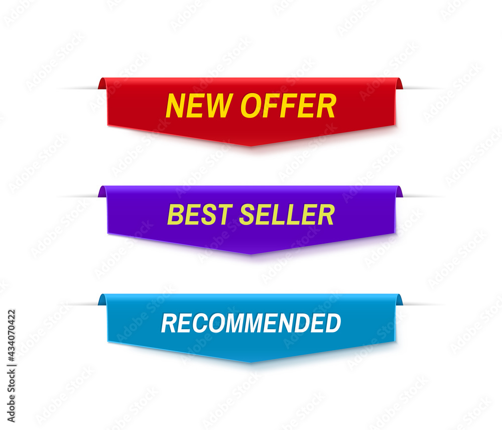 Set of Color Sale Banners Isolated on White Background. New Offer, Best Seller and Recommended Banners. Vector illustration Set of Color Sale Banners Isolated on White Background. New Offer, Best Seller and Recommended Banners. Vector illustration
