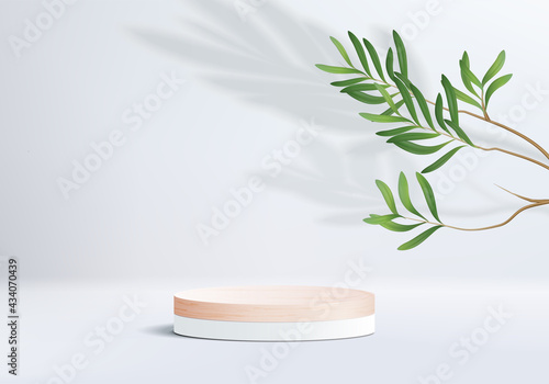3d gray background product display wood podium with leaf geometric platform. grey background vector 3d render with podium. wood stand to show cosmetic product. Stage showcase on pedestal white display
