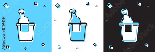 Set Bottle of champagne in an ice bucket icon isolated on blue and white, black background. Vector